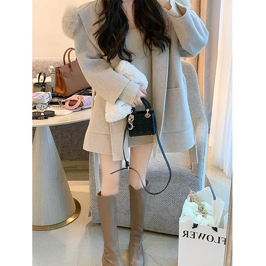 2025 stor pälskrage äkta rävhår snörning huva dubbelsidig ullrock medium och lång höst och vinter ullrock kvinnor