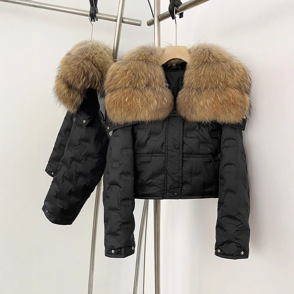 Super snygg koreansk version av storhårig kavaj kort dunjacka för kvinnors vinter explosion geometriska mönster design vit anka dunjacka