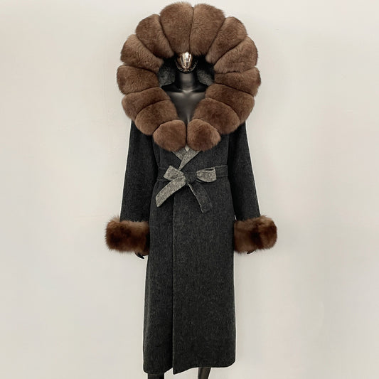 2025 höst och vinter ny högkvalitativ dubbelsidig ullrock damräv pälskrage lång smal och tunn ullrock