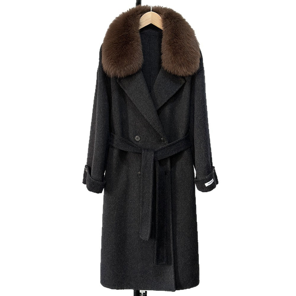 Fransk lat 2025 höst och vinter ny huva dubbelsidig kashmirrock lång räv pälskrage tweed coat kvinnor