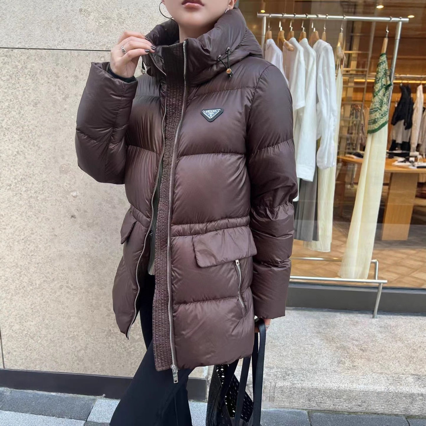 Nanyou Damkläder 2025 Höst och Vinter Hooded Vindtät dunjacka Dam dragsko Midja Skinny 90 White Goose Down Vinterkläder