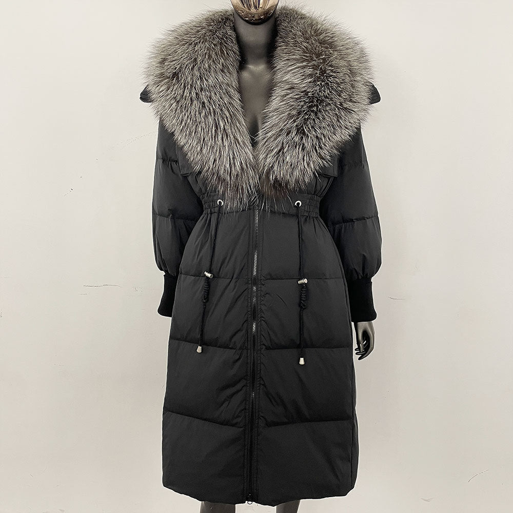 Women's long down jacket, fur jacket, women's clothing, oversized fur collar, fox hair over the knee, fashionable warmth, waist and thin