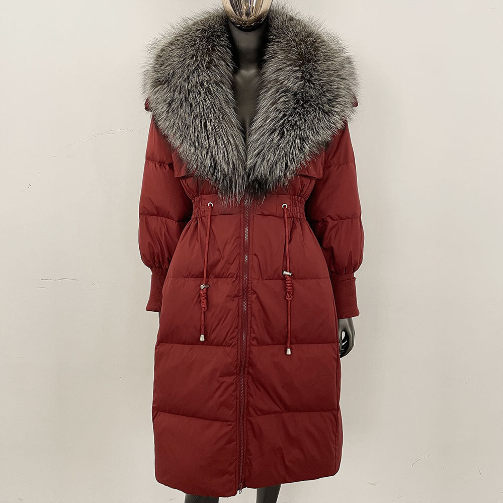 Women's long down jacket, fur jacket, women's clothing, oversized fur collar, fox hair over the knee, fashionable warmth, waist and thin