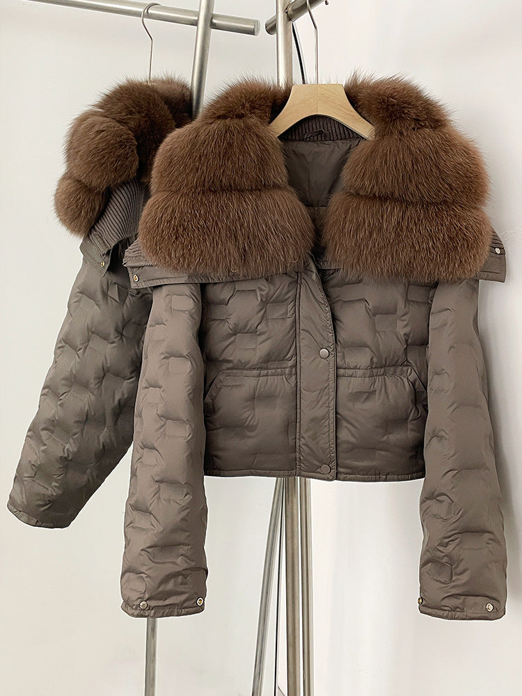 Super snygg koreansk version av storhårig kavaj kort dunjacka för kvinnors vinter explosion geometriska mönster design vit anka dunjacka