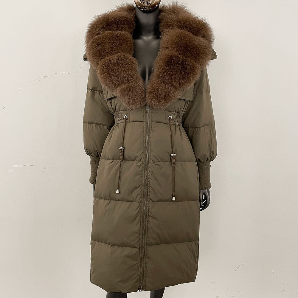Women's long down jacket, fur jacket, women's clothing, oversized fur collar, fox hair over the knee, fashionable warmth, waist and thin