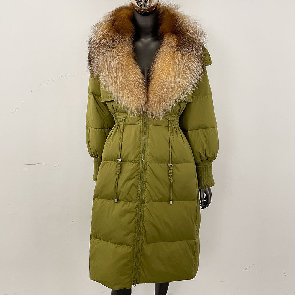 Women's long down jacket, fur jacket, women's clothing, oversized fur collar, fox hair over the knee, fashionable warmth, waist and thin