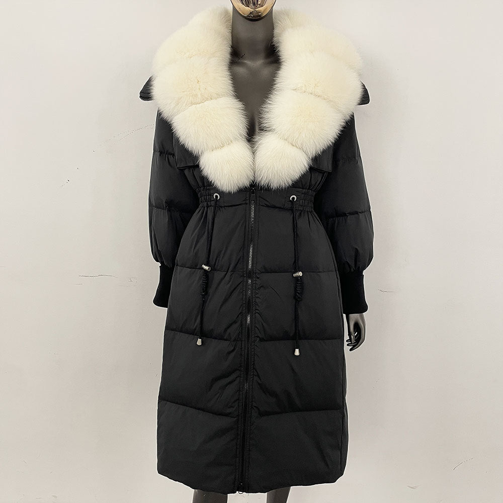 Women's long down jacket, fur jacket, women's clothing, oversized fur collar, fox hair over the knee, fashionable warmth, waist and thin