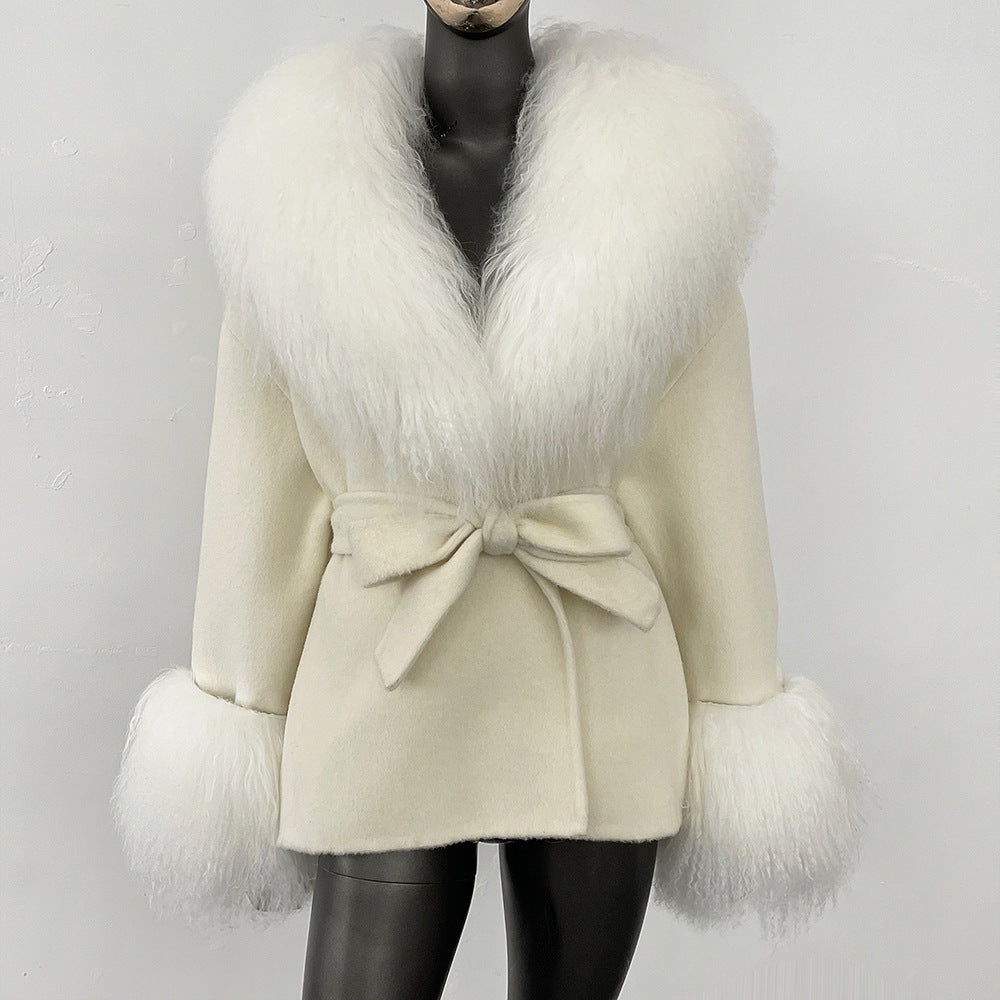 2025 new high-end autumn and winter woolen double-sided cashmere coat fashionable versatile beach wool collar jacket women
