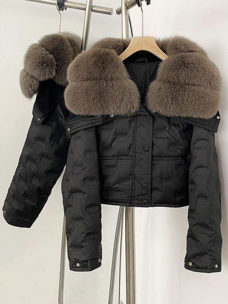 Super snygg koreansk version av storhårig kavaj kort dunjacka för kvinnors vinter explosion geometriska mönster design vit anka dunjacka