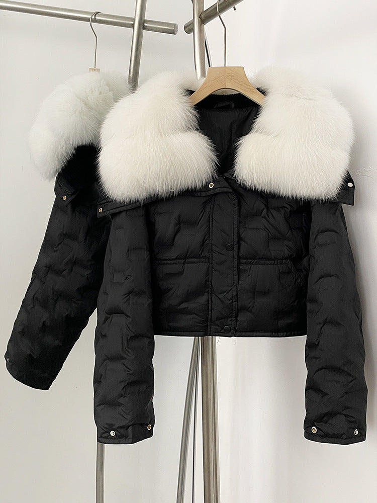 Super snygg koreansk version av storhårig kavaj kort dunjacka för kvinnors vinter explosion geometriska mönster design vit anka dunjacka