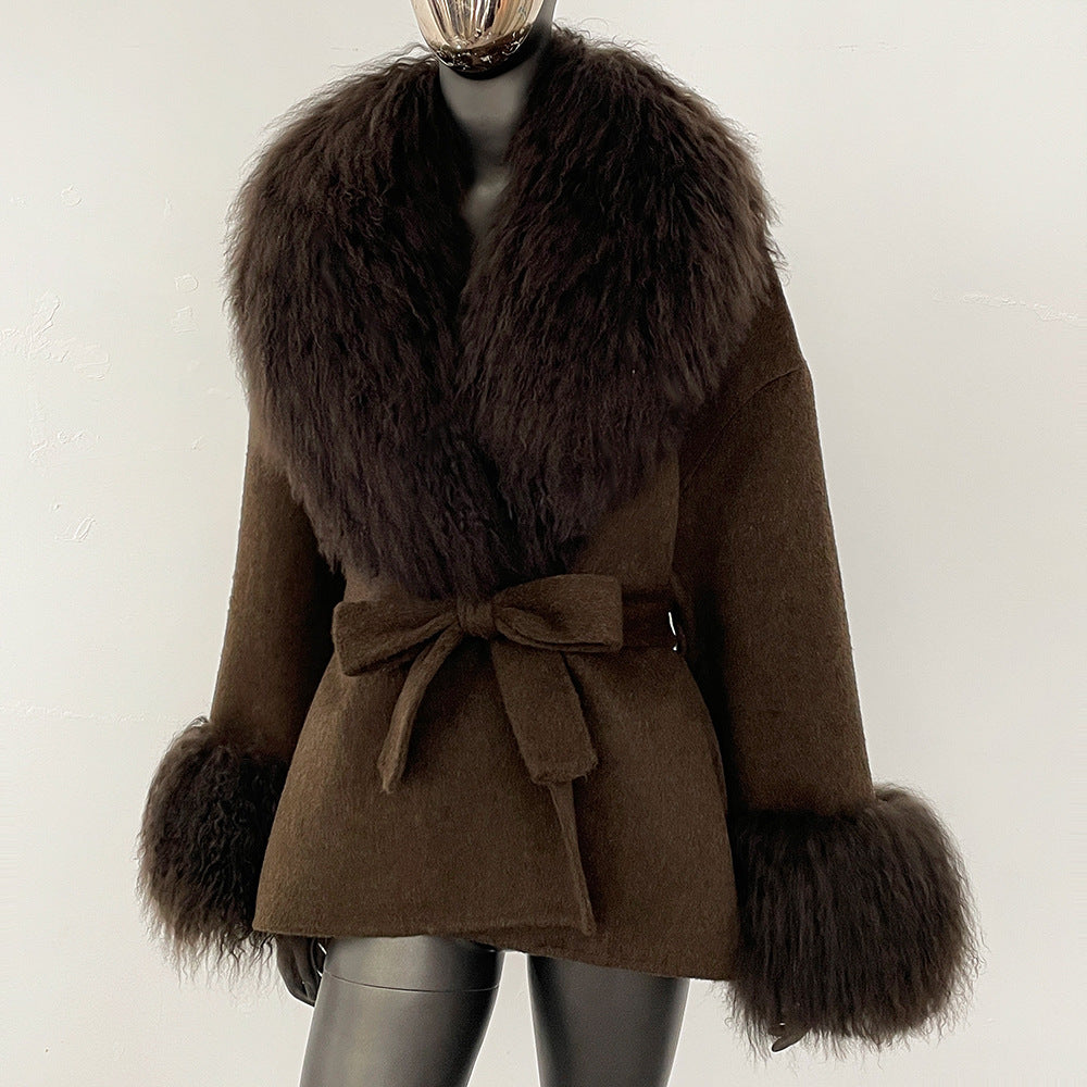 2025 new high-end autumn and winter woolen double-sided cashmere coat fashionable versatile beach wool collar jacket women