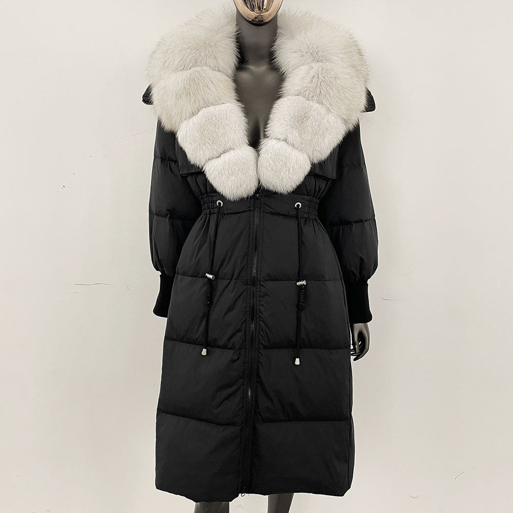 Women's long down jacket, fur jacket, women's clothing, oversized fur collar, fox hair over the knee, fashionable warmth, waist and thin