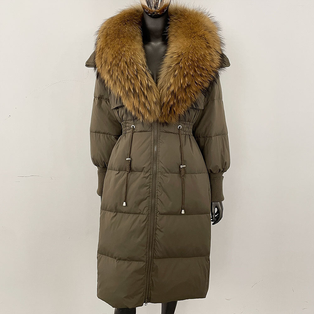 Women's long down jacket, fur jacket, women's clothing, oversized fur collar, fox hair over the knee, fashionable warmth, waist and thin