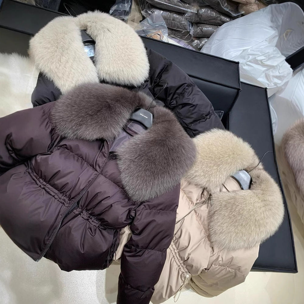 Spot kvinnors vinter explosion kort midja räv hår stor päls krage dunjacka kvinnors koreanska version lös kappa kvinnor