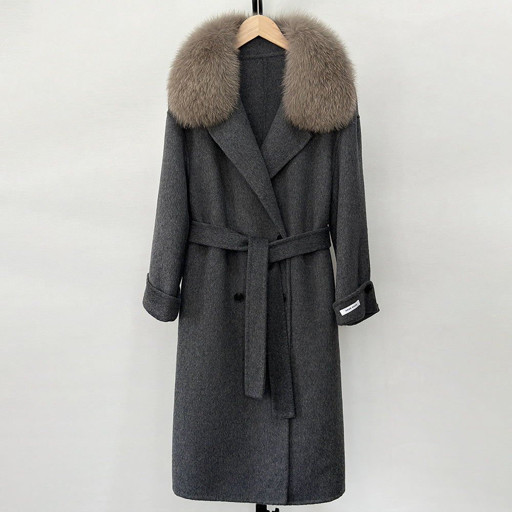 Fransk lat 2025 höst och vinter ny huva dubbelsidig kashmirrock lång räv pälskrage tweed coat kvinnor