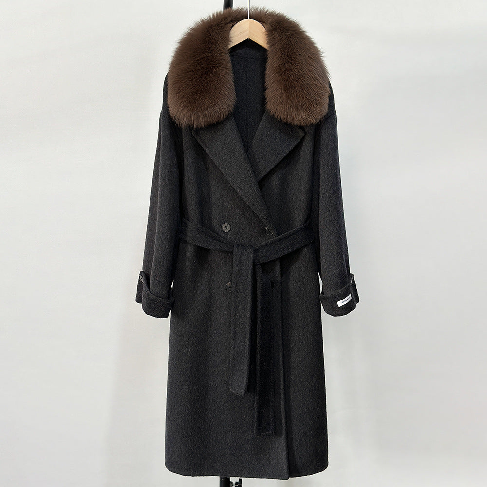 Fransk lat 2025 höst och vinter ny huva dubbelsidig kashmirrock lång räv pälskrage tweed coat kvinnor