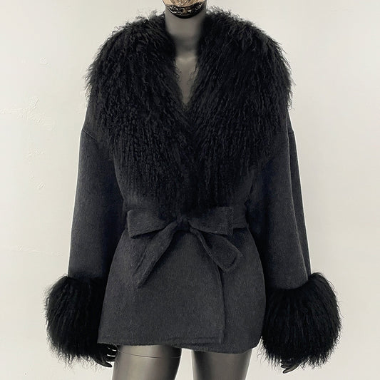 2025 new high-end autumn and winter woolen double-sided cashmere coat fashionable versatile beach wool collar jacket women