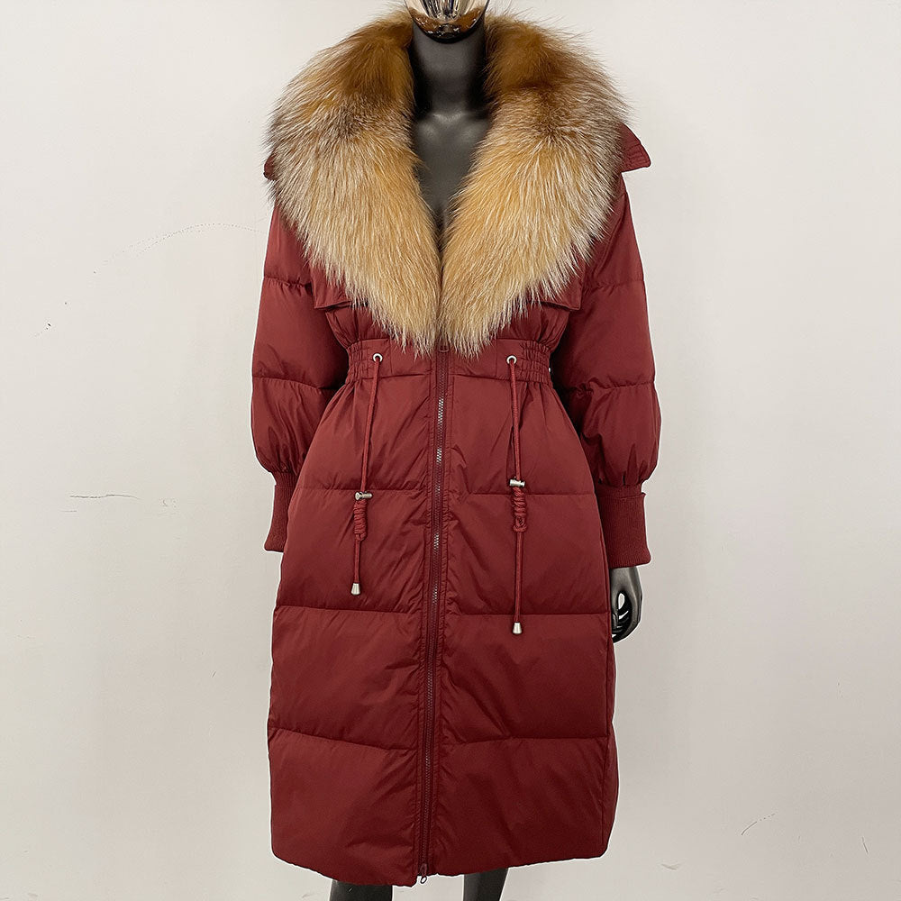 Women's long down jacket, fur jacket, women's clothing, oversized fur collar, fox hair over the knee, fashionable warmth, waist and thin
