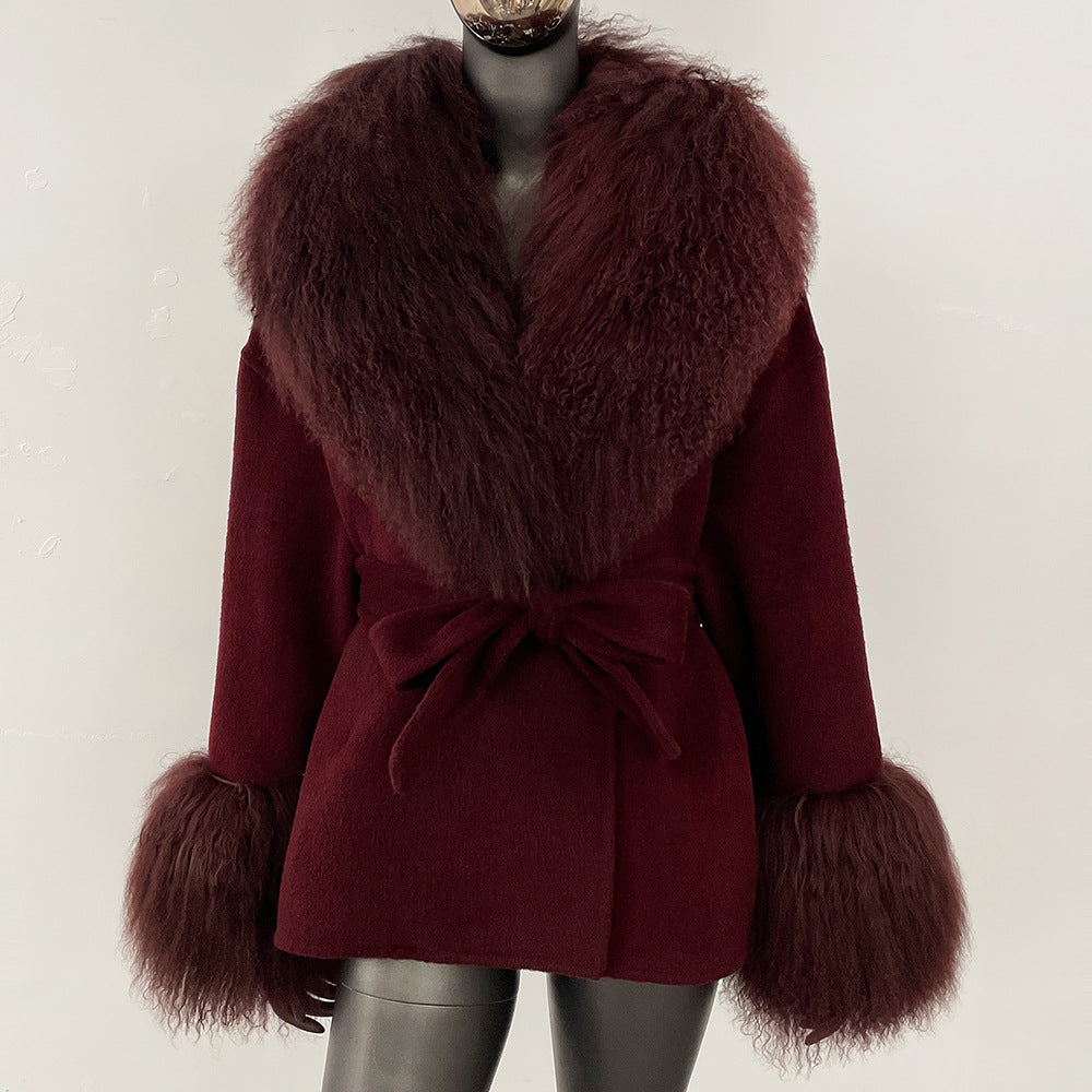 2025 new high-end autumn and winter woolen double-sided cashmere coat fashionable versatile beach wool collar jacket women
