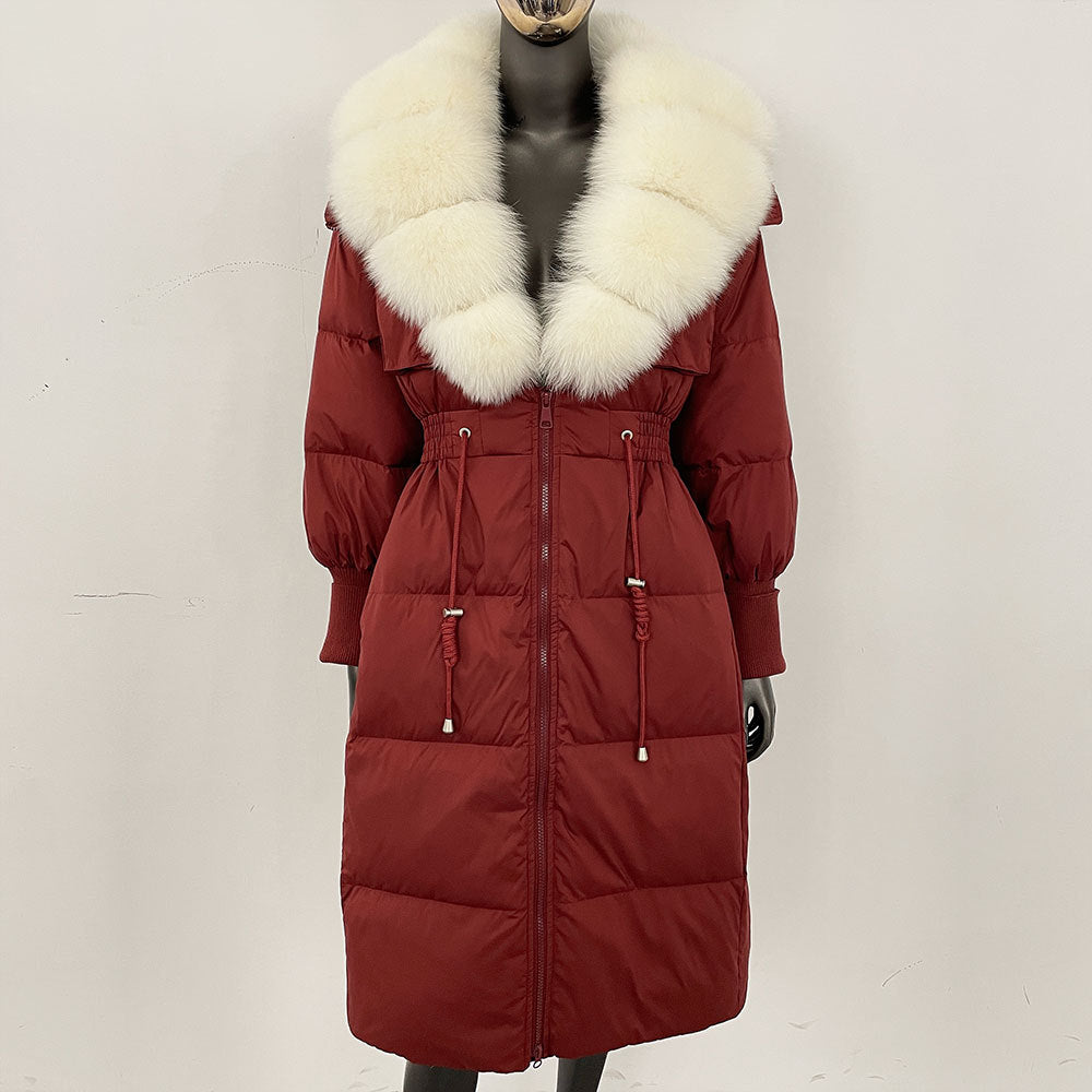 Women's long down jacket, fur jacket, women's clothing, oversized fur collar, fox hair over the knee, fashionable warmth, waist and thin