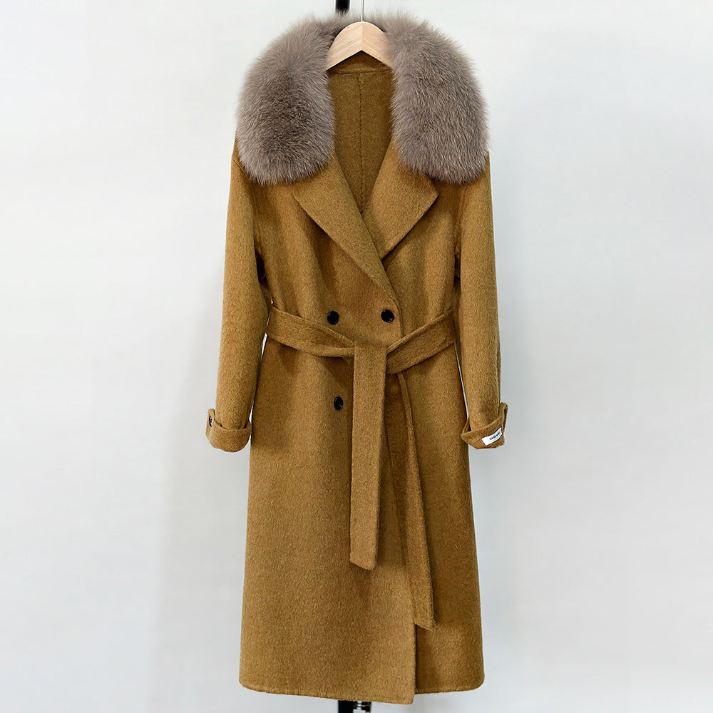 Fransk lat 2025 höst och vinter ny huva dubbelsidig kashmirrock lång räv pälskrage tweed coat kvinnor