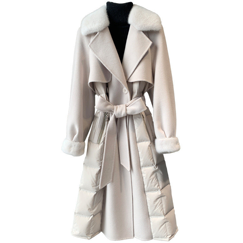 Ny hel mink krage ullrock europeisk version tunn dubbelsidig nylon vit anka dunjacka lång tunn trenchcoat kvinnlig vinter