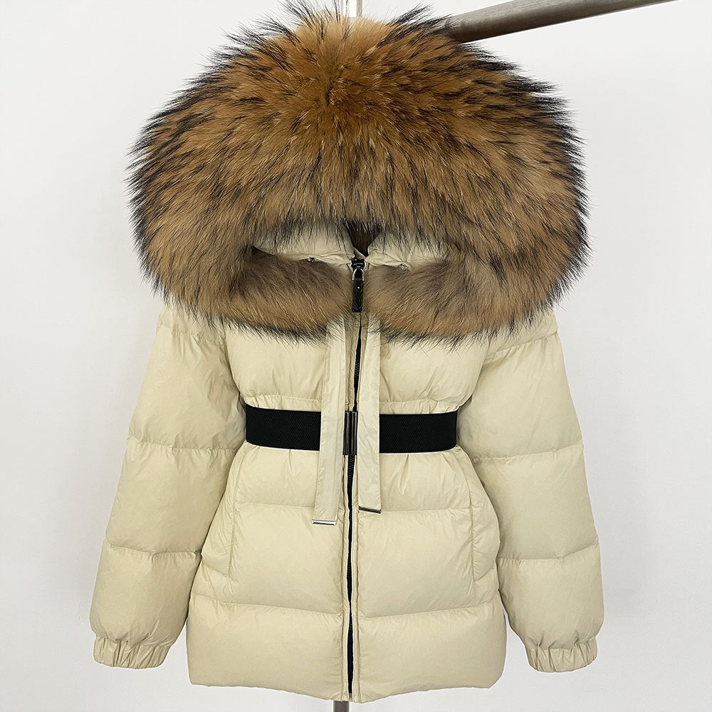 Gränsöverskridande utrikeshandel vinter ny high-end huva dunjacka kvinnors medium och lång midja tunn varm äkta rävpälskrage