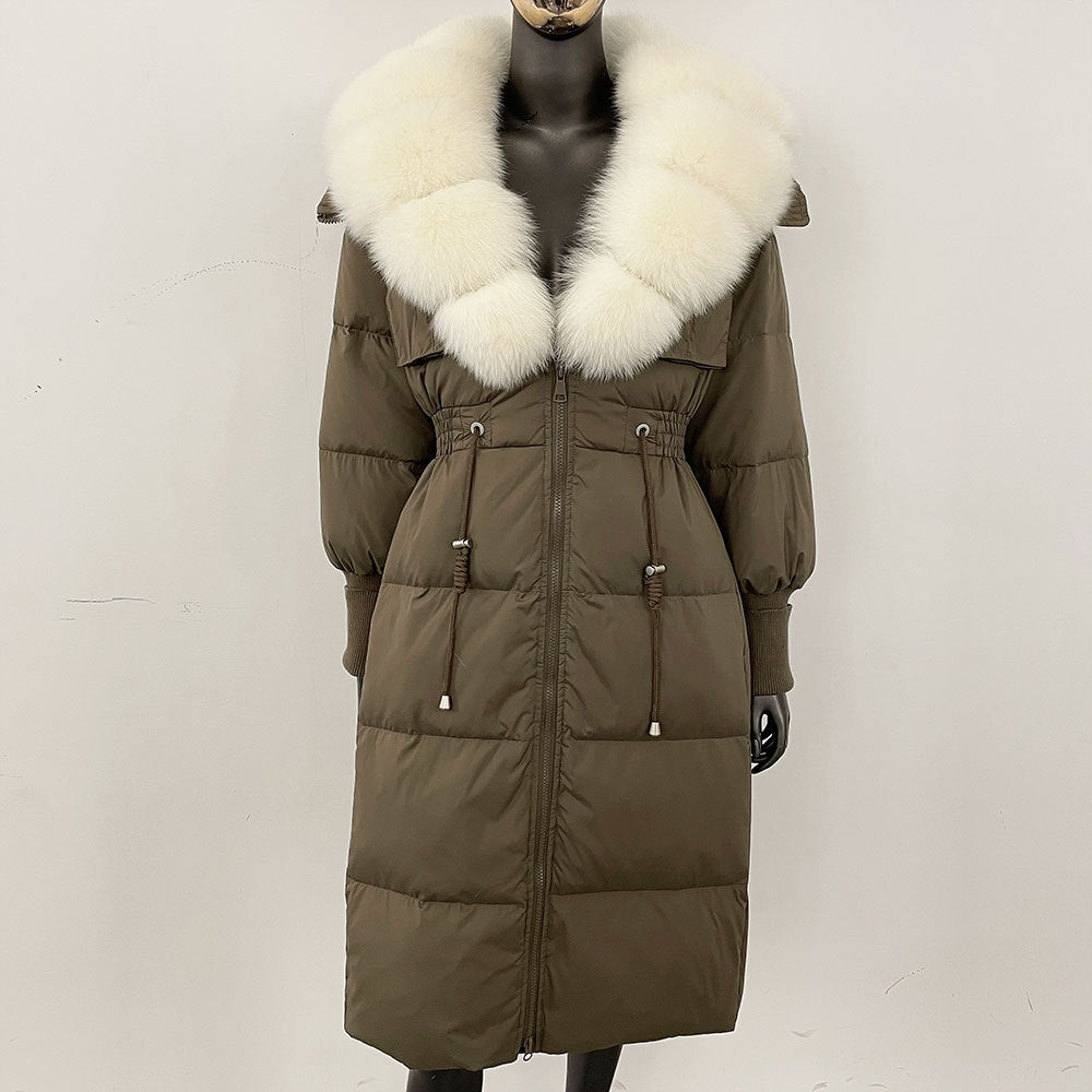 Women's long down jacket, fur jacket, women's clothing, oversized fur collar, fox hair over the knee, fashionable warmth, waist and thin
