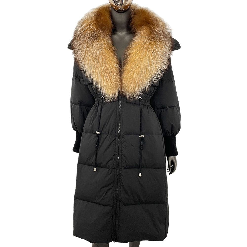 Women's long down jacket, fur jacket, women's clothing, oversized fur collar, fox hair over the knee, fashionable warmth, waist and thin