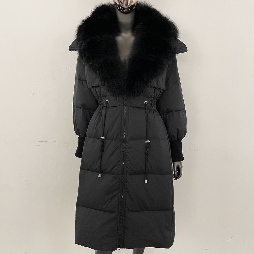 Women's long down jacket, fur jacket, women's clothing, oversized fur collar, fox hair over the knee, fashionable warmth, waist and thin