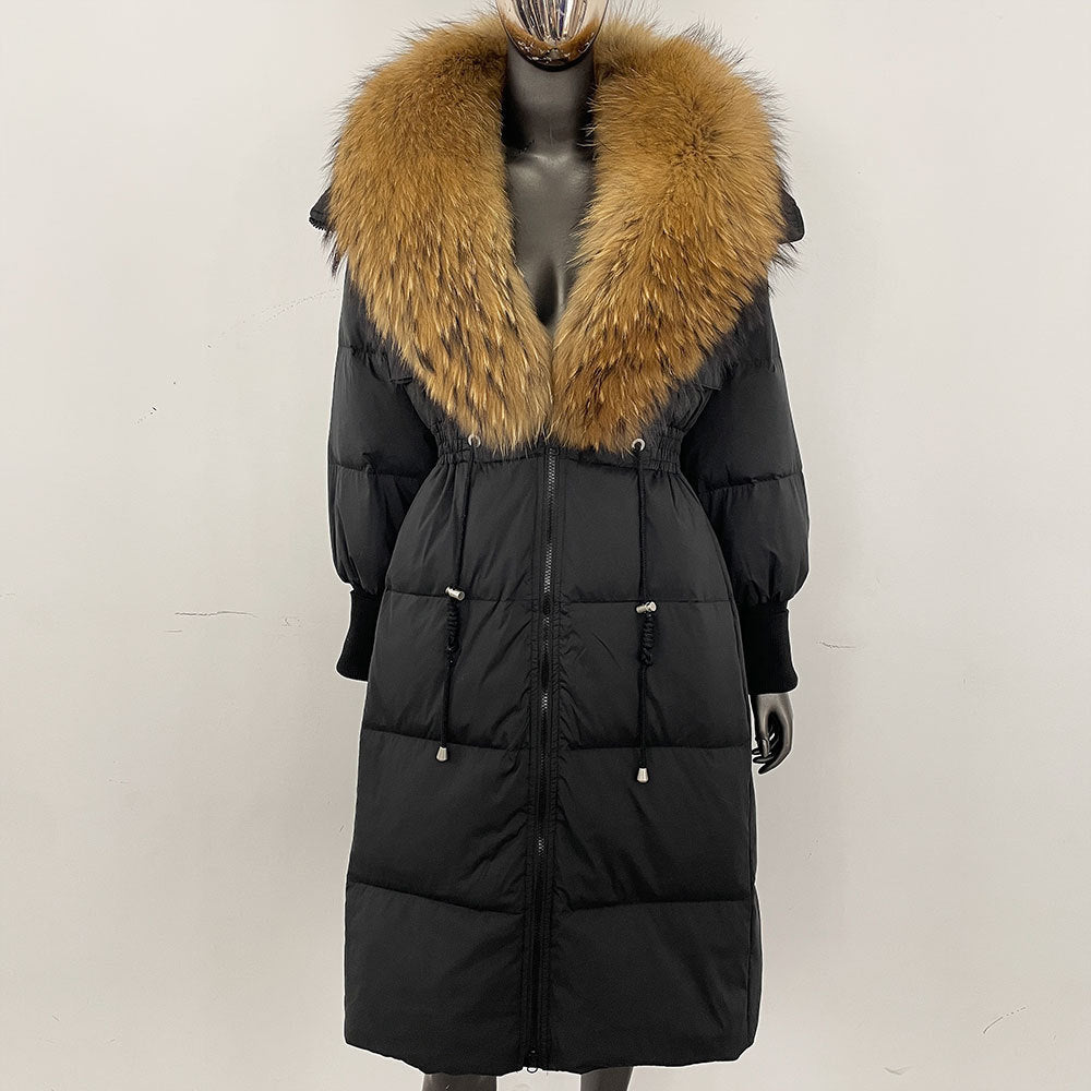 Women's long down jacket, fur jacket, women's clothing, oversized fur collar, fox hair over the knee, fashionable warmth, waist and thin