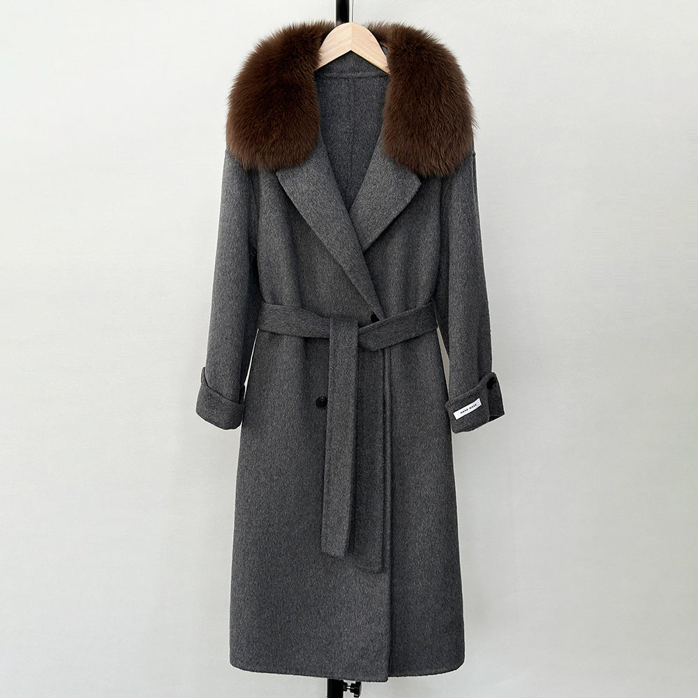 Fransk lat 2025 höst och vinter ny huva dubbelsidig kashmirrock lång räv pälskrage tweed coat kvinnor