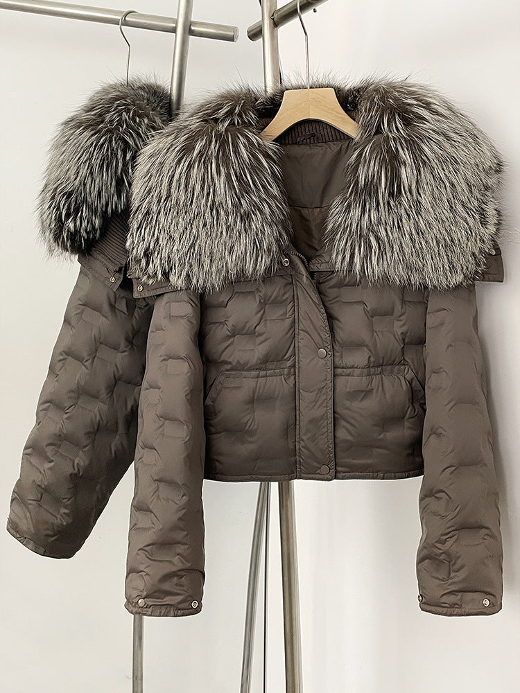 Super snygg koreansk version av storhårig kavaj kort dunjacka för kvinnors vinter explosion geometriska mönster design vit anka dunjacka