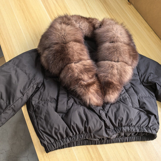 25 Vinter nya kvinnors korta mode varm dunjacka liten utländsk stil överdimensionerad äkta räv päls krage jacka
