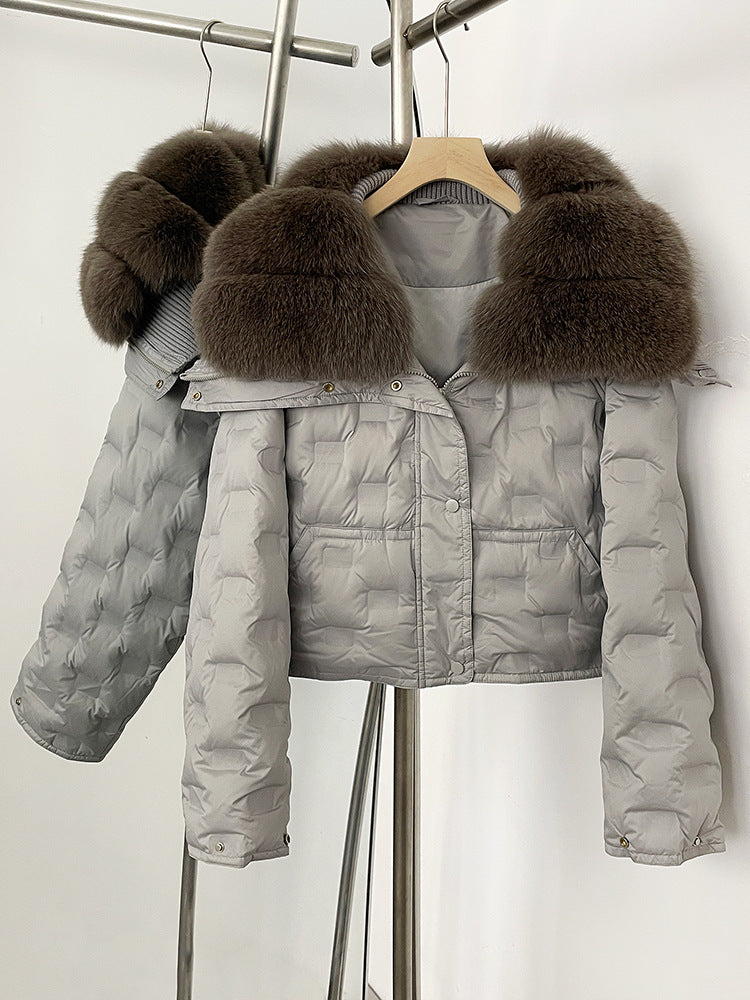 Super snygg koreansk version av storhårig kavaj kort dunjacka för kvinnors vinter explosion geometriska mönster design vit anka dunjacka