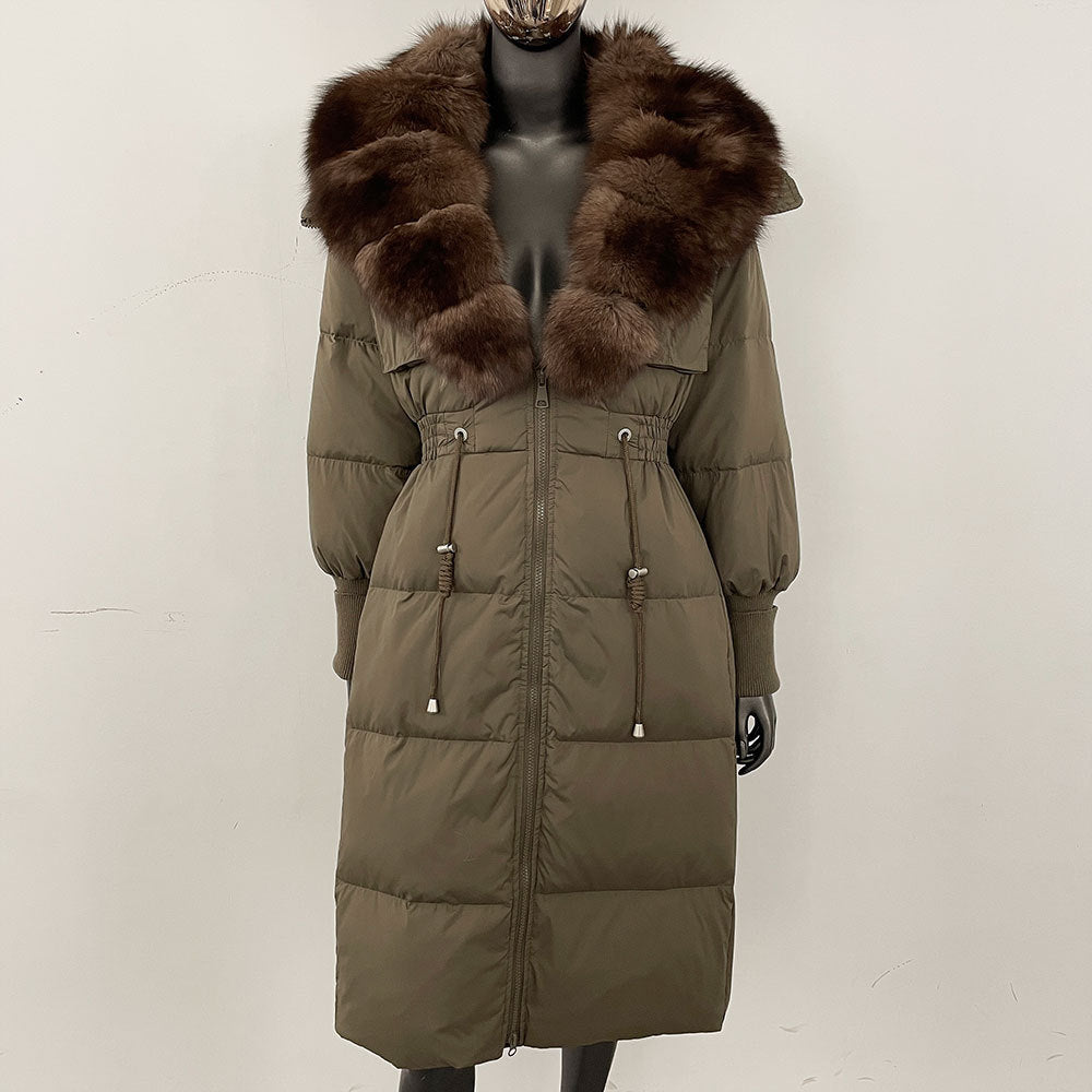 Women's long down jacket, fur jacket, women's clothing, oversized fur collar, fox hair over the knee, fashionable warmth, waist and thin