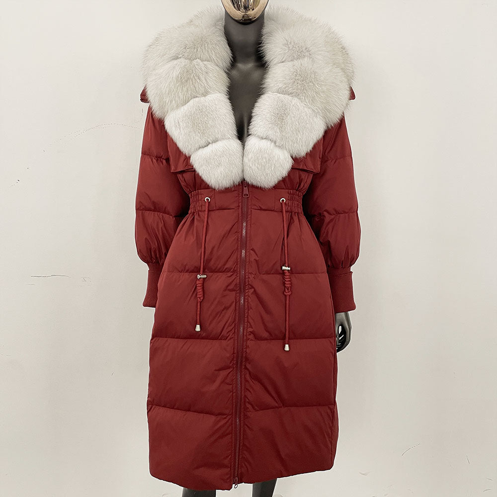 Women's long down jacket, fur jacket, women's clothing, oversized fur collar, fox hair over the knee, fashionable warmth, waist and thin