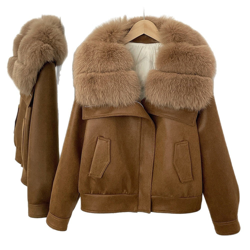Vinter ny mocka räv pälskrage päls mocka ner liner kort lok ung kappa