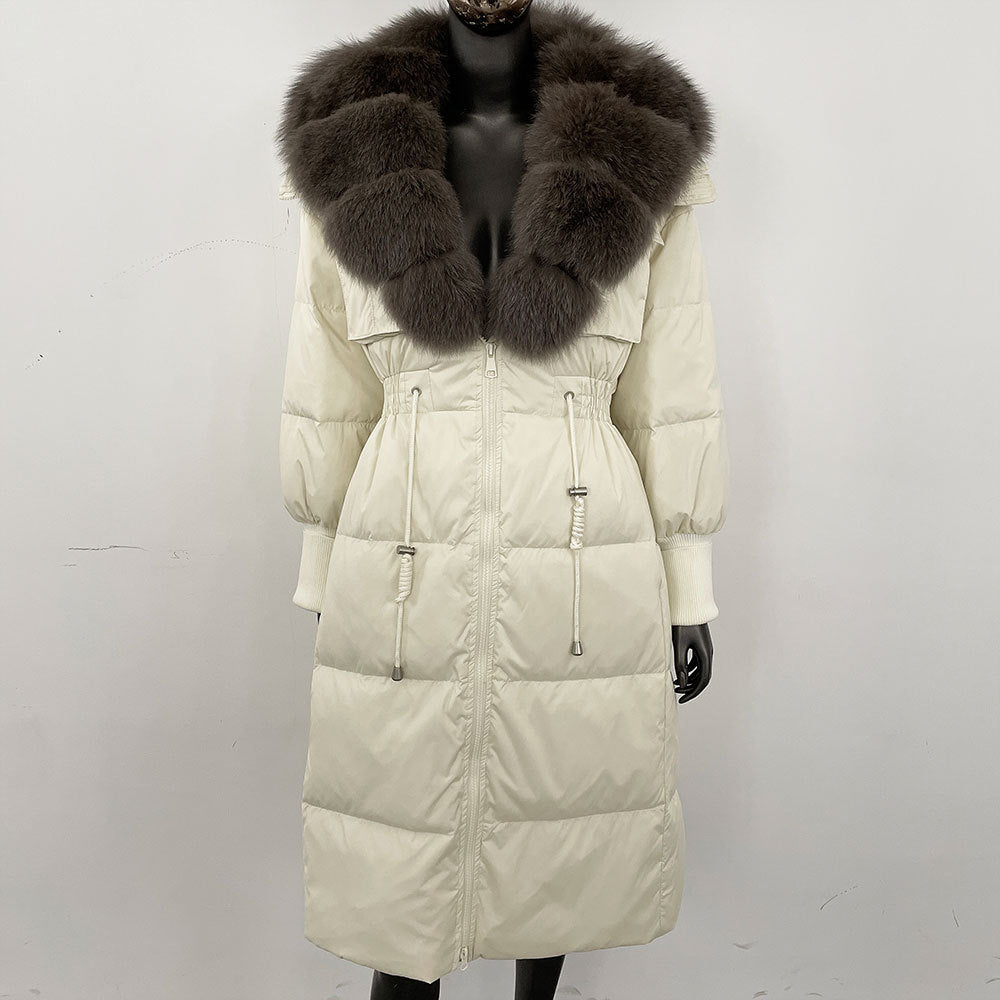 Women's long down jacket, fur jacket, women's clothing, oversized fur collar, fox hair over the knee, fashionable warmth, waist and thin