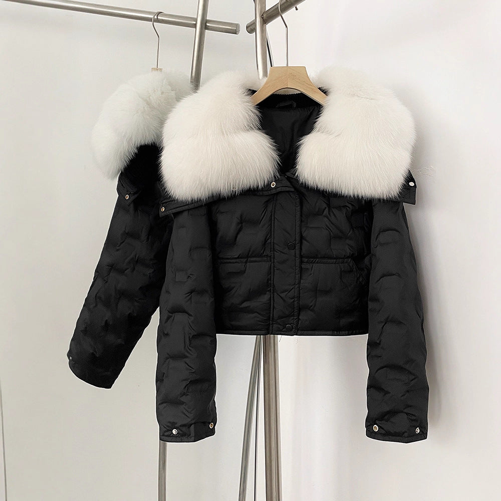 Super snygg koreansk version av storhårig kavaj kort dunjacka för kvinnors vinter explosion geometriska mönster design vit anka dunjacka