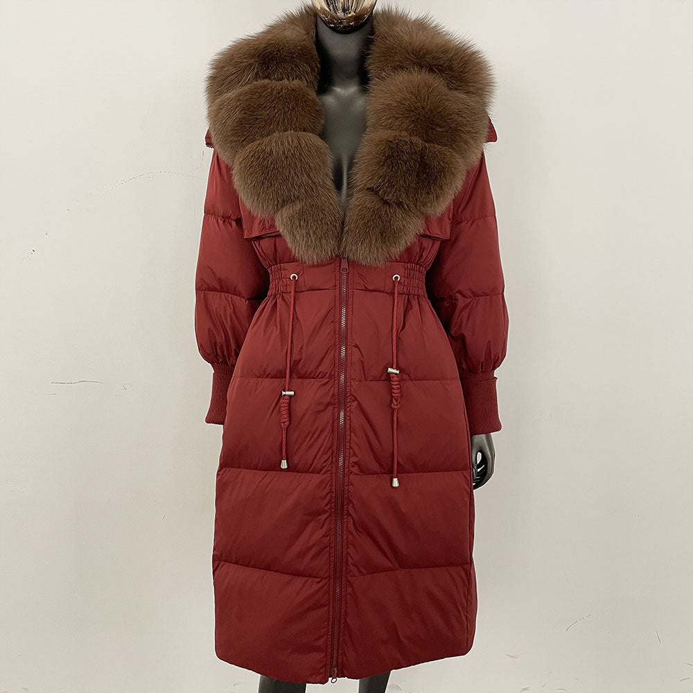 Women's long down jacket, fur jacket, women's clothing, oversized fur collar, fox hair over the knee, fashionable warmth, waist and thin