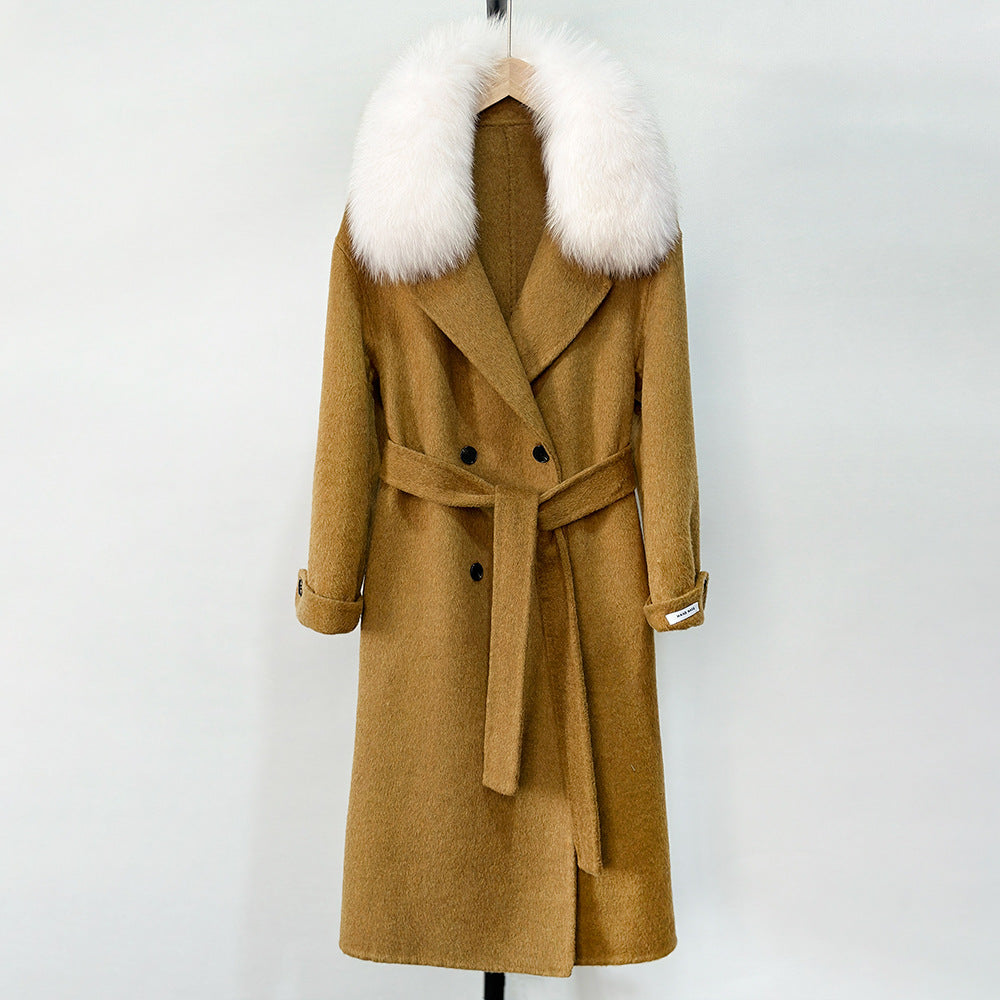 Fransk lat 2025 höst och vinter ny huva dubbelsidig kashmirrock lång räv pälskrage tweed coat kvinnor