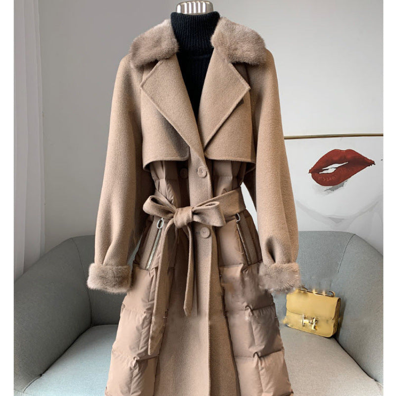 Ny hel mink krage ullrock europeisk version tunn dubbelsidig nylon vit anka dunjacka lång tunn trenchcoat kvinnlig vinter