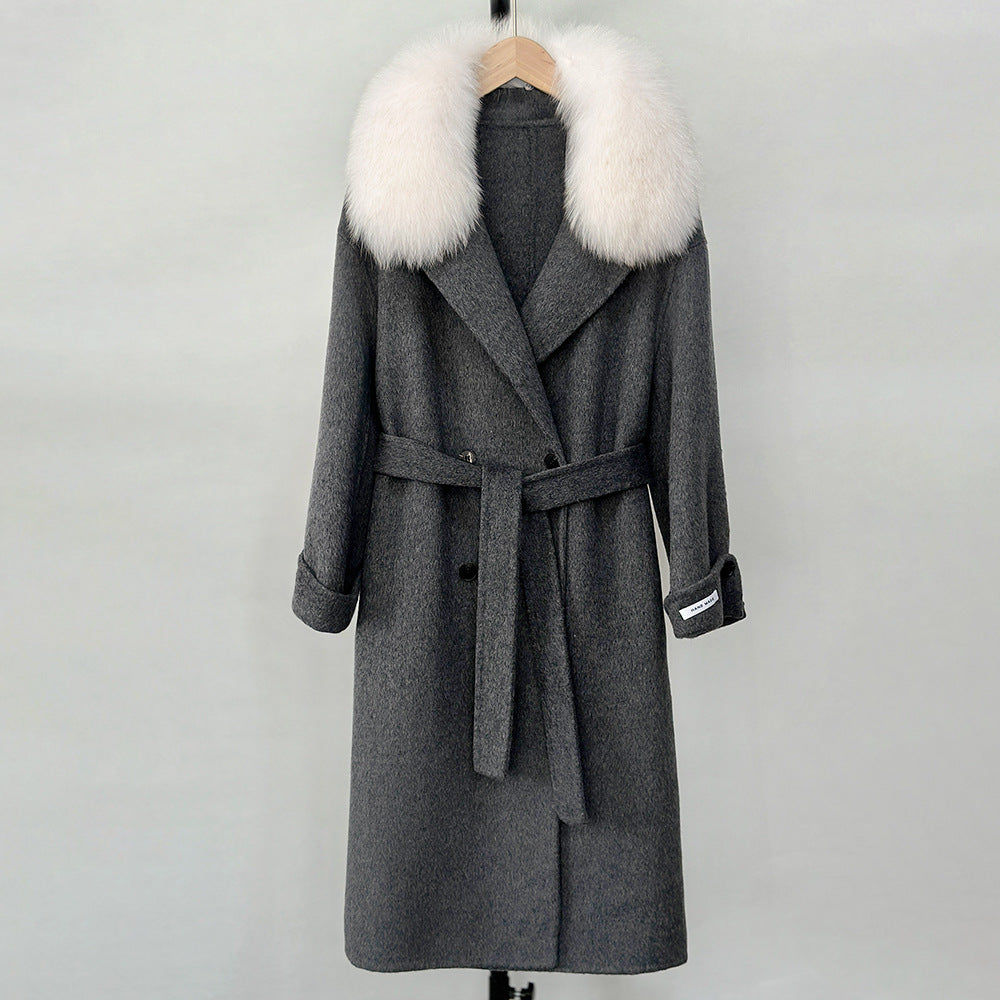 Fransk lat 2025 höst och vinter ny huva dubbelsidig kashmirrock lång räv pälskrage tweed coat kvinnor