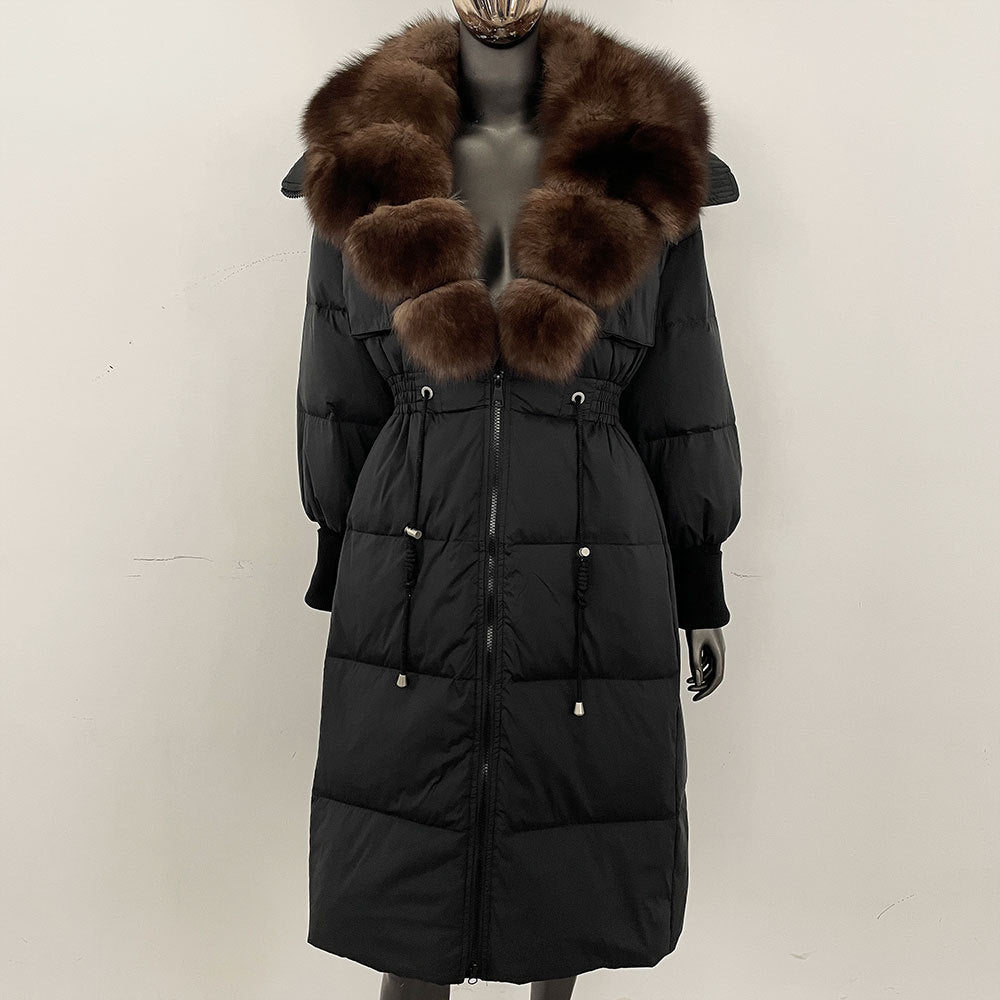 Women's long down jacket, fur jacket, women's clothing, oversized fur collar, fox hair over the knee, fashionable warmth, waist and thin