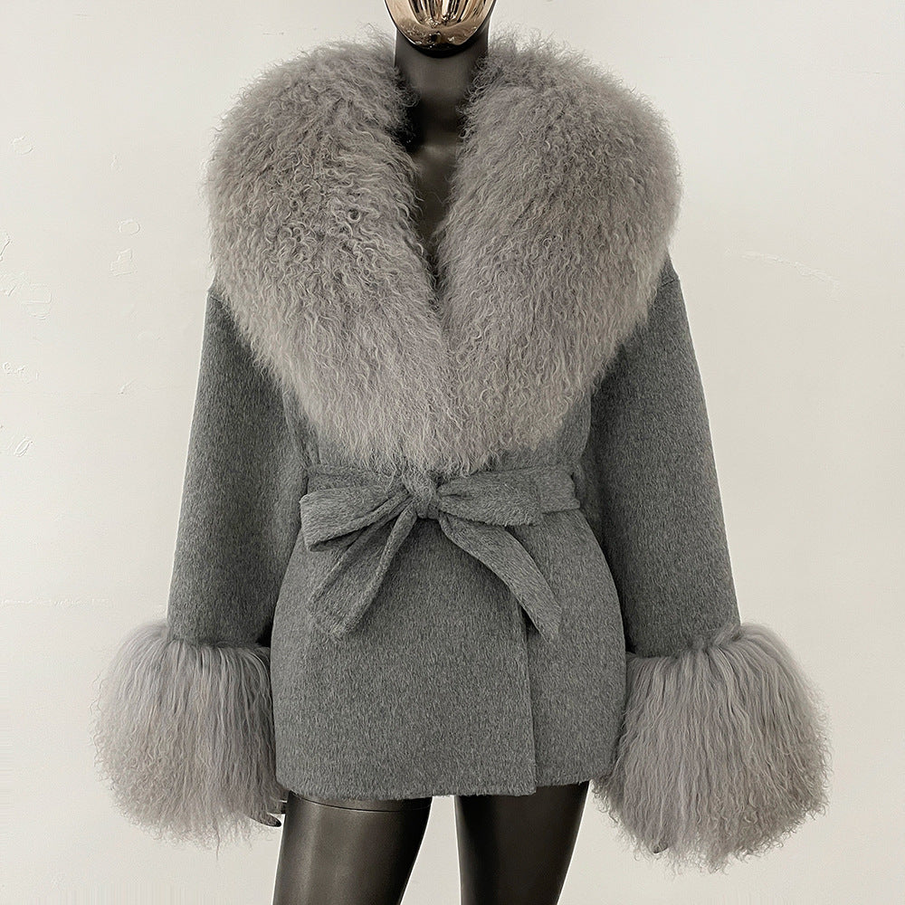 2025 new high-end autumn and winter woolen double-sided cashmere coat fashionable versatile beach wool collar jacket women