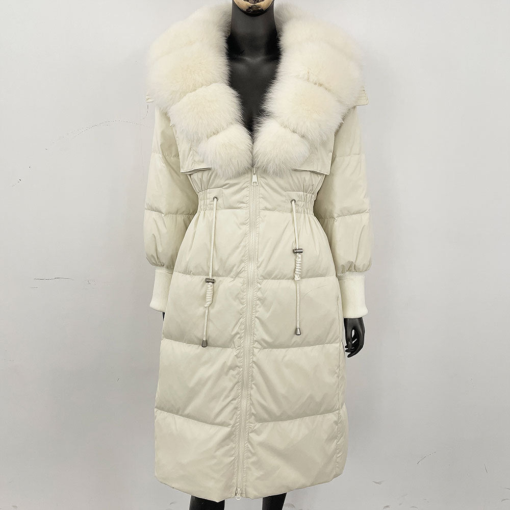 Women's long down jacket, fur jacket, women's clothing, oversized fur collar, fox hair over the knee, fashionable warmth, waist and thin