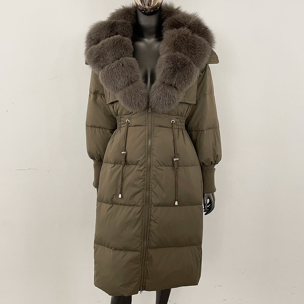 Women's long down jacket, fur jacket, women's clothing, oversized fur collar, fox hair over the knee, fashionable warmth, waist and thin