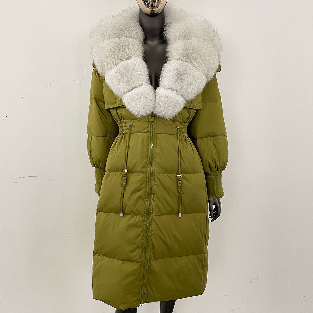 Women's long down jacket, fur jacket, women's clothing, oversized fur collar, fox hair over the knee, fashionable warmth, waist and thin