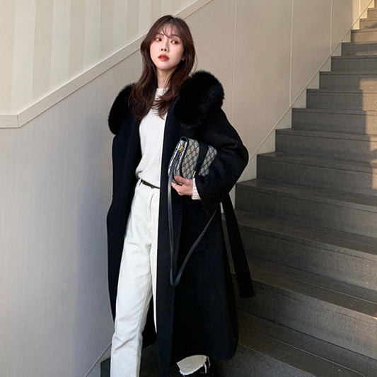 Enfärgad temperament lång stor ficka dubbelsidig ullrock räv pälskrage höst och vinter snörning gränsöverskridande ullrock kvinnor